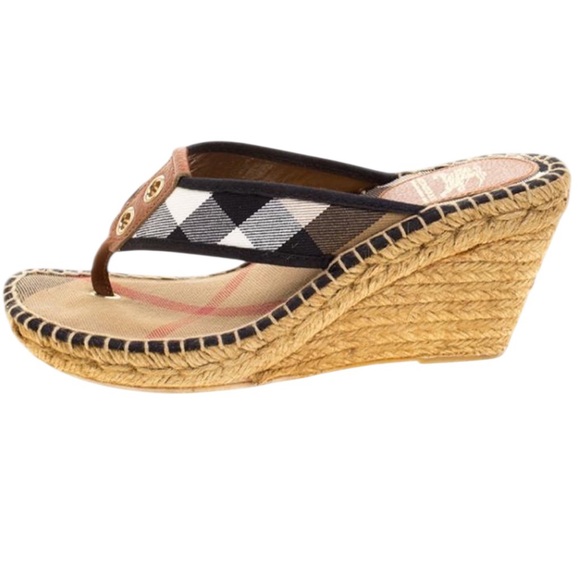 Burberry nova check black and tan thong espadrille wedge sandals luxury